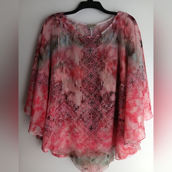 ONE WORLD Pink and Red Flowy Layered Blouse - Picture 1 of 4